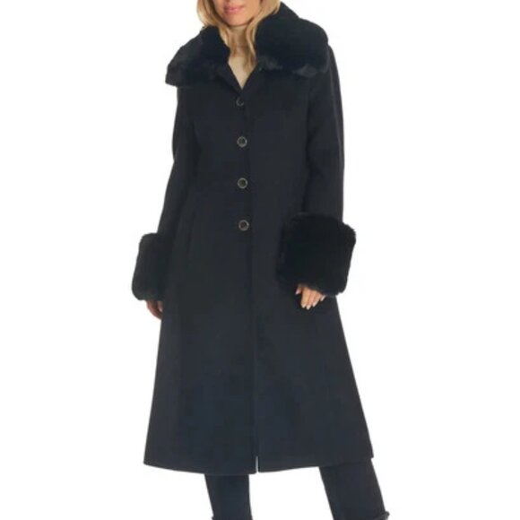 Vince Camuto black wool blend coat with removeable faux fur collar and cuffs M - Picture 1 of 15